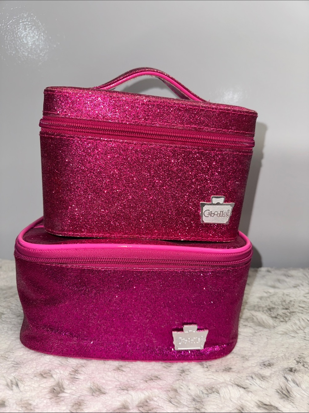 Bright Pink Glitter Cosmetic Train Case Set